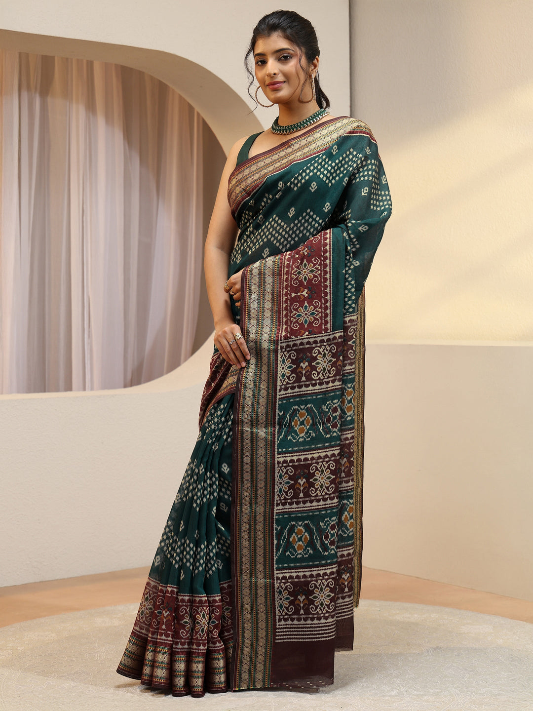 Teal Ethnic Print Silk Blend Bomkai Saree