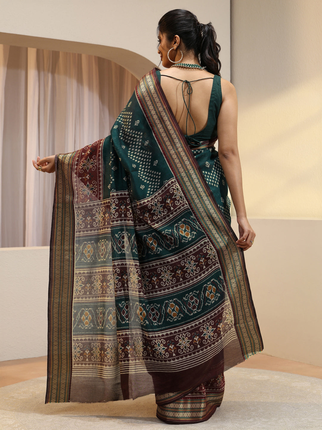 Teal Ethnic Print Silk Blend Bomkai Saree
