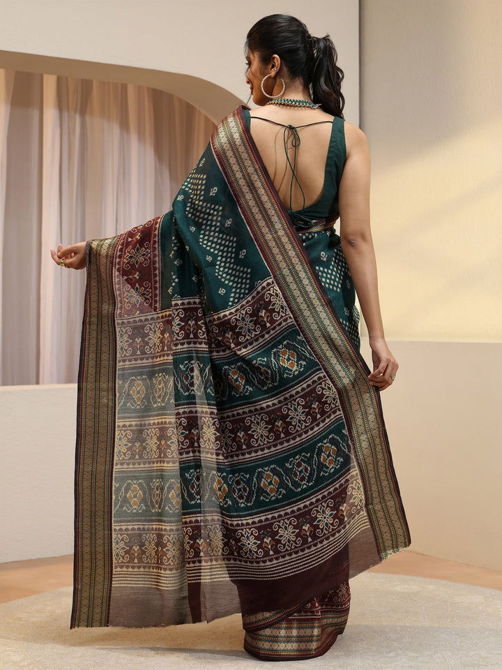 Teal Ethnic Print Silk Blend Bomkai Saree