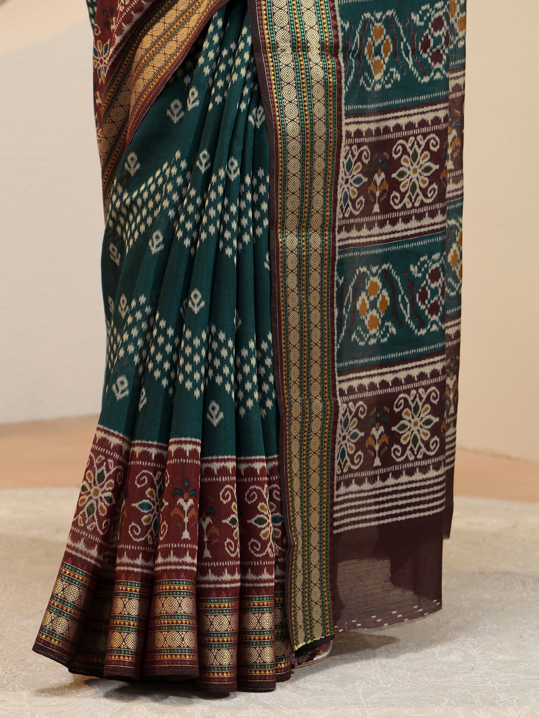 Teal Ethnic Print Silk Blend Bomkai Saree