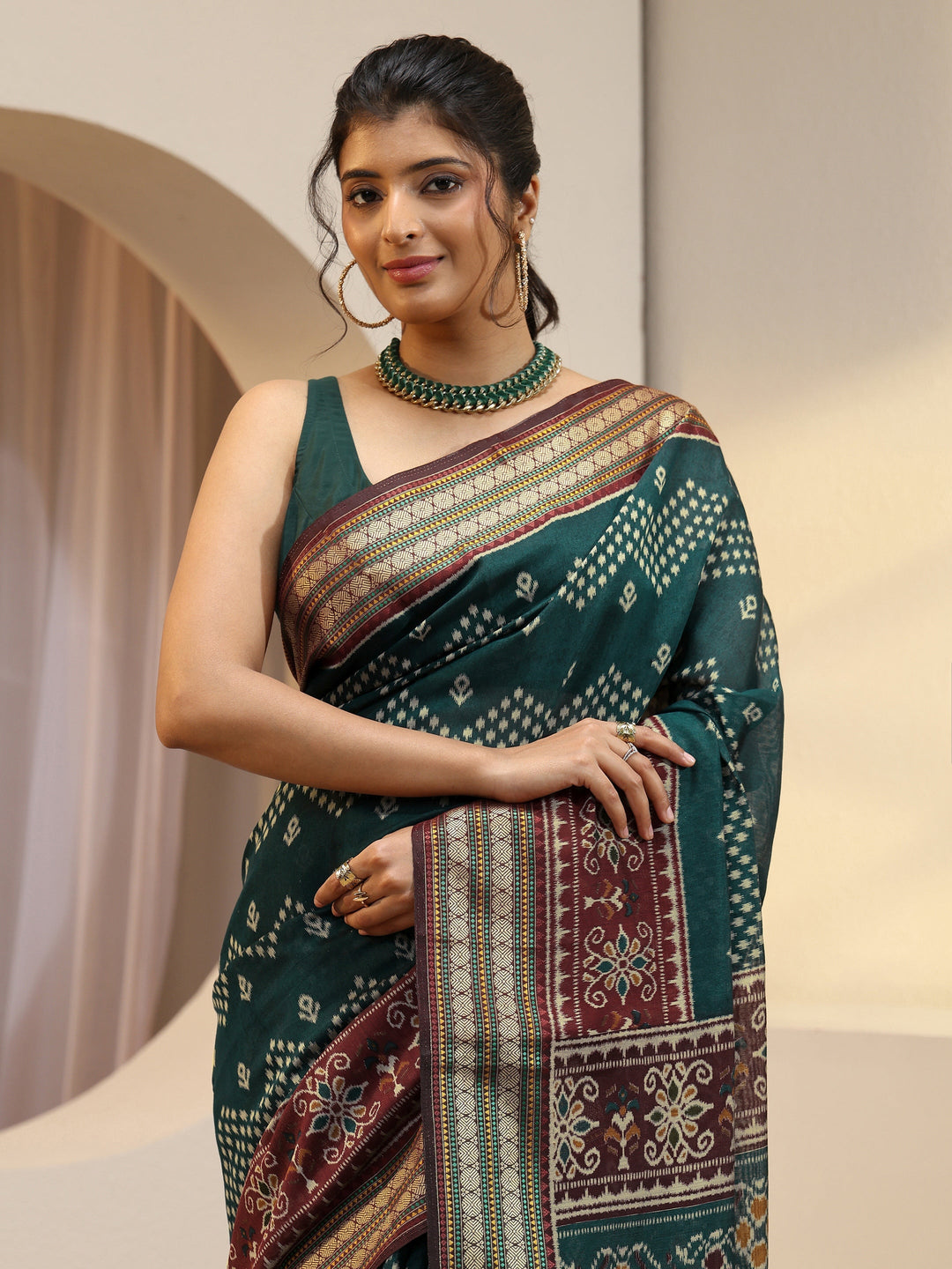 Teal Ethnic Print Silk Blend Bomkai Saree