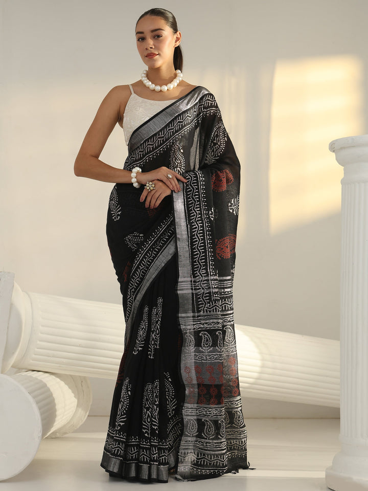 Black Block Print Cotton Saree