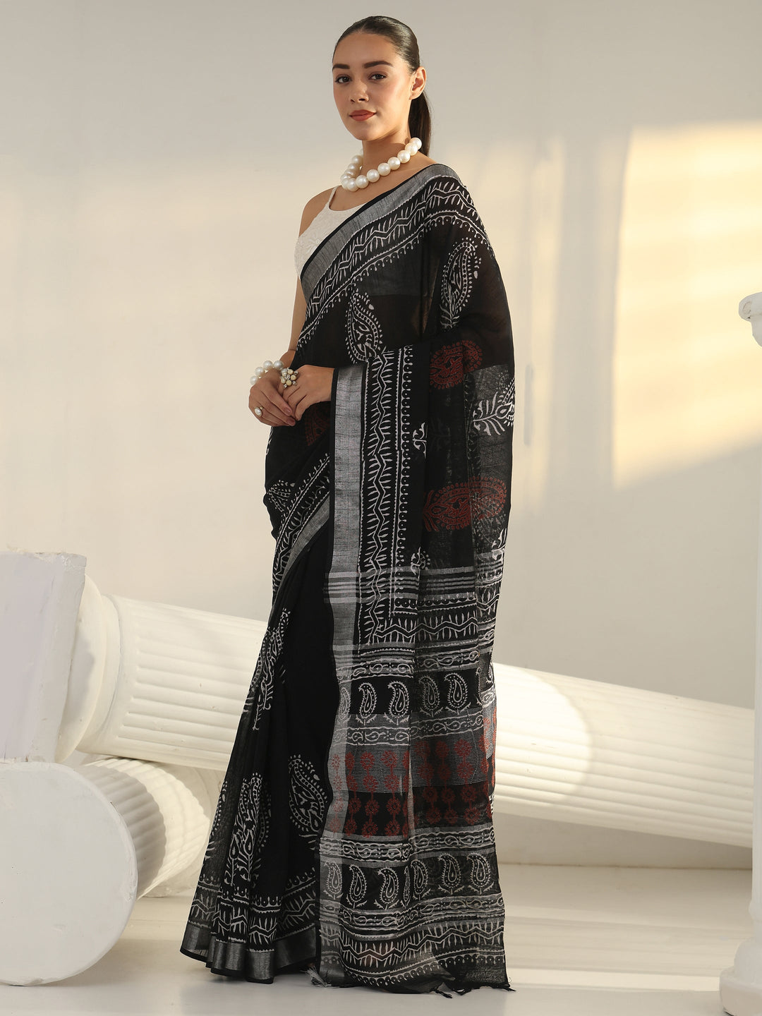 Black Block Print Cotton Saree