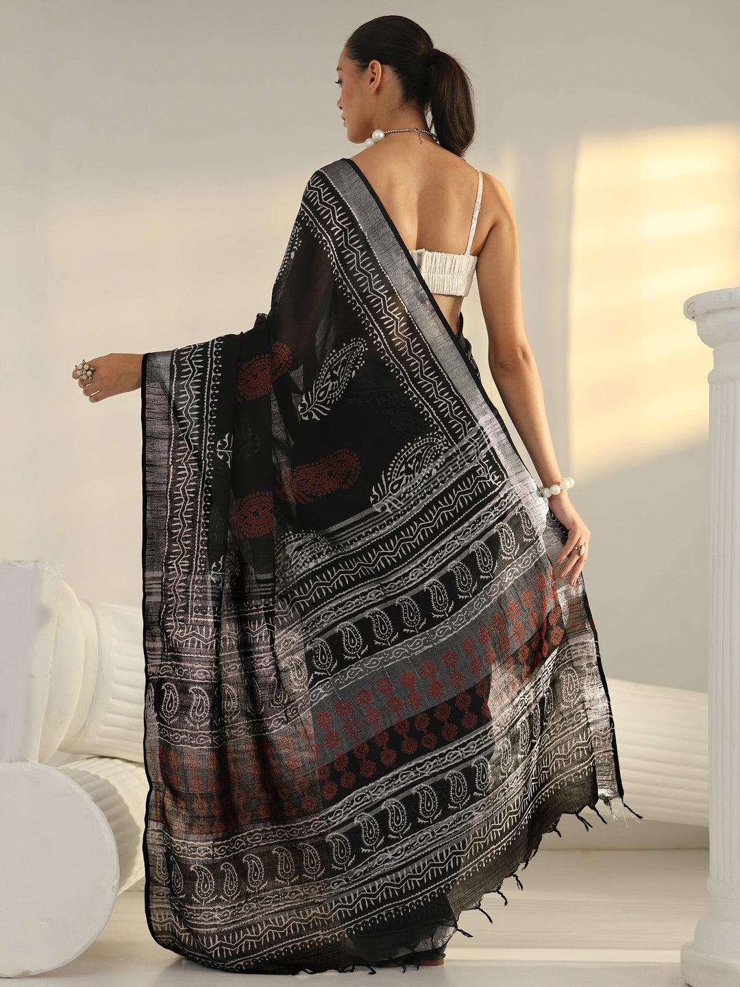 Black Block Print Cotton Saree