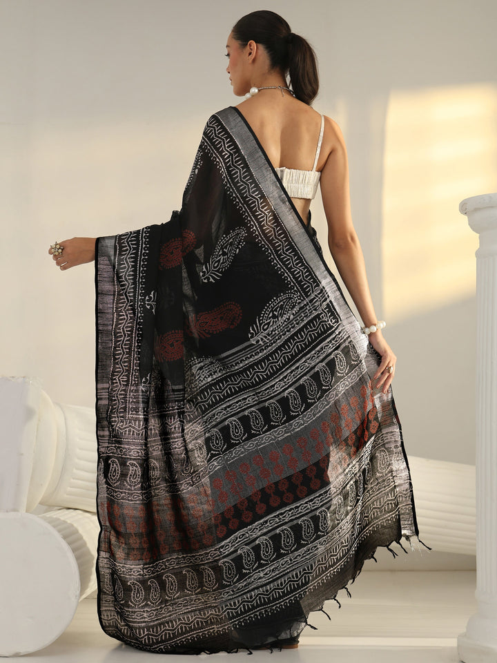 Black Block Print Cotton Saree