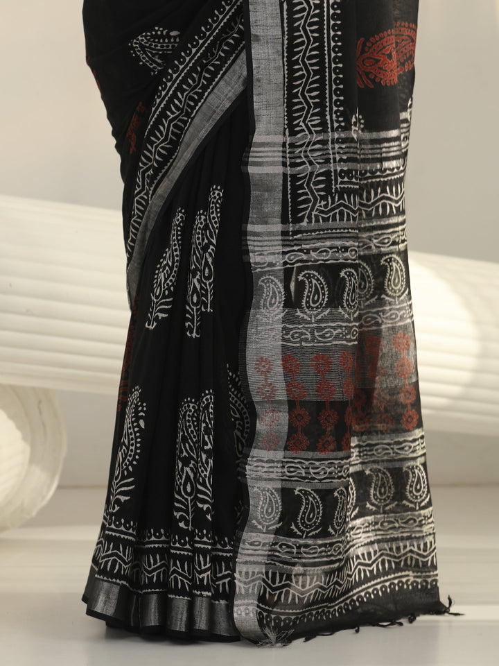 Black Block Print Cotton Saree
