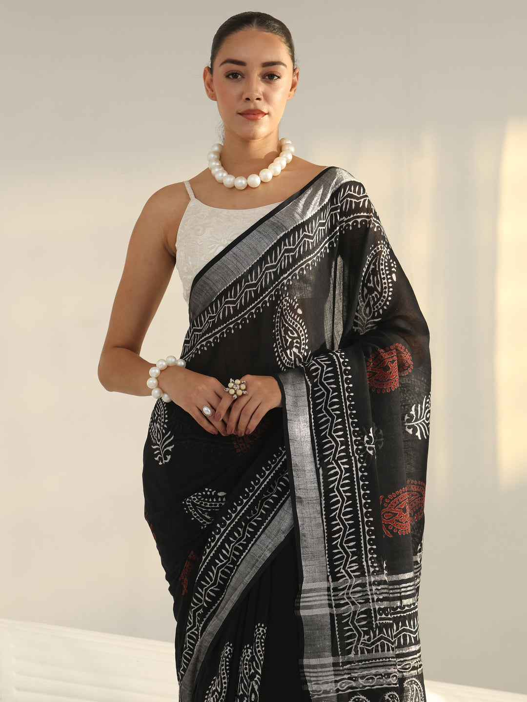 Black Block Print Cotton Saree