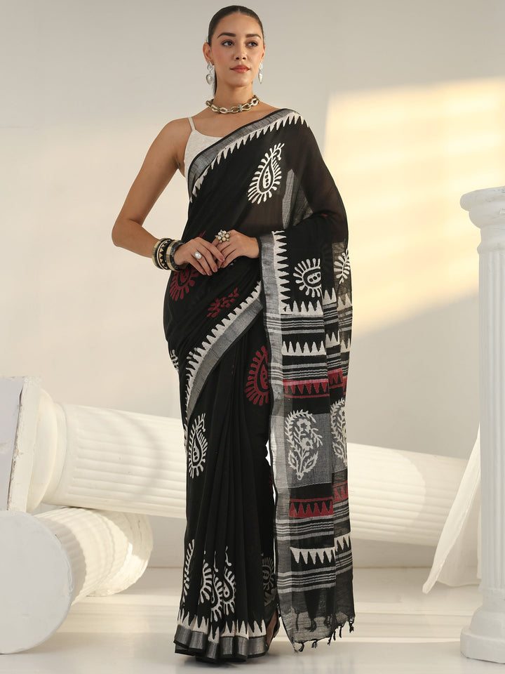 Black Block Print Cotton Saree