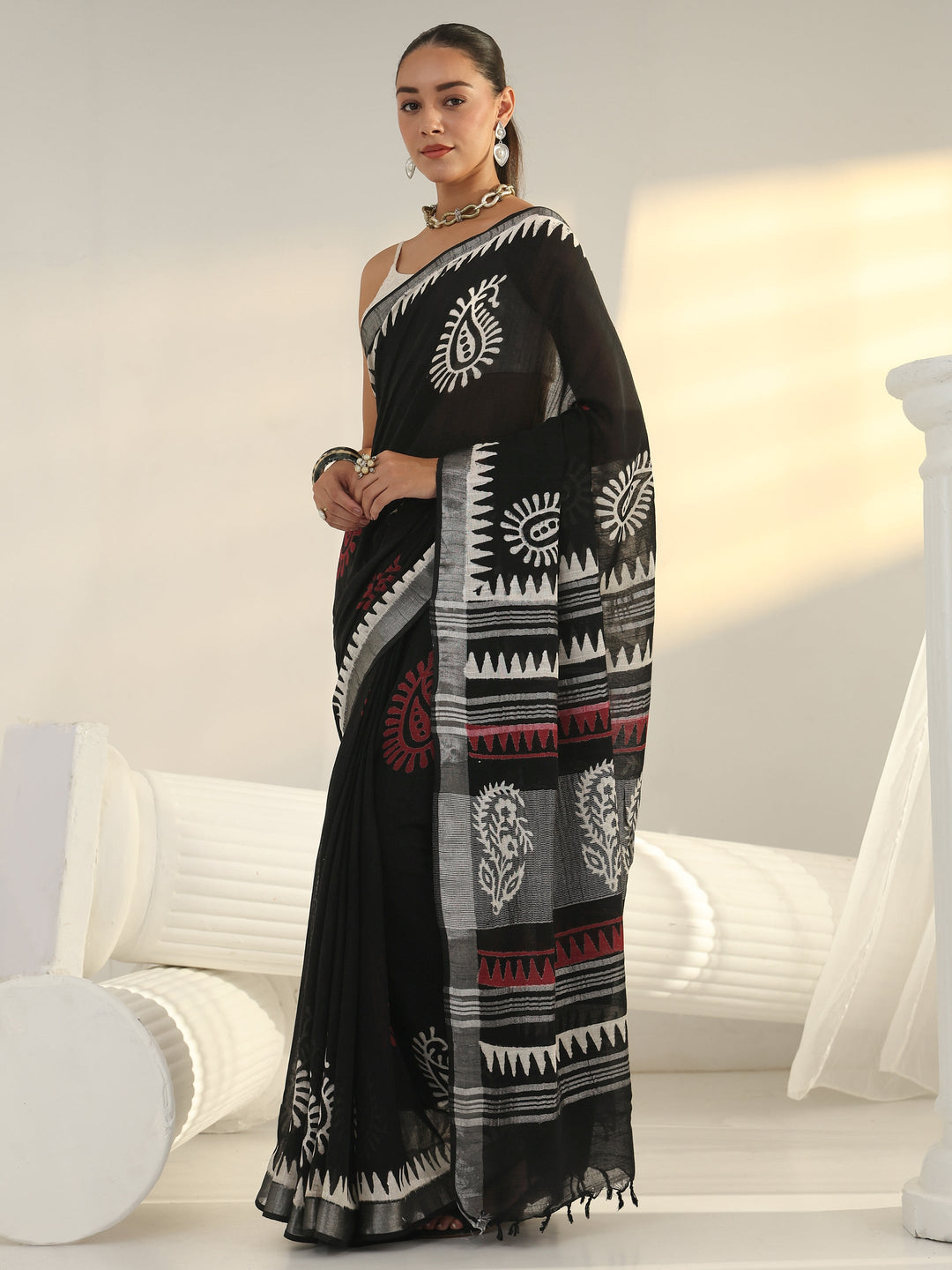 Black Block Print Cotton Saree