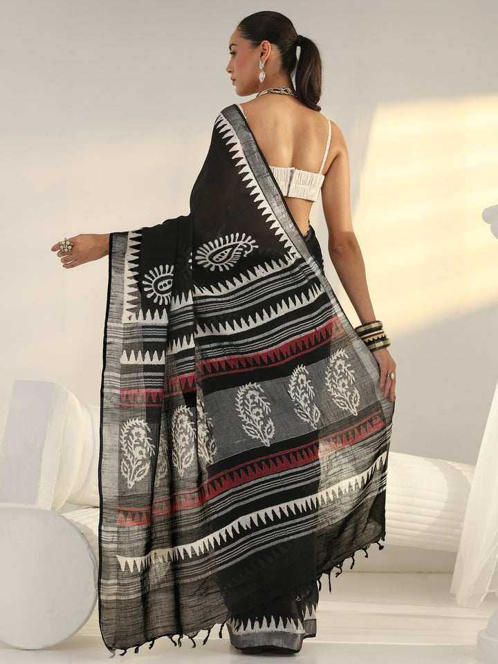 Black Block Print Cotton Saree