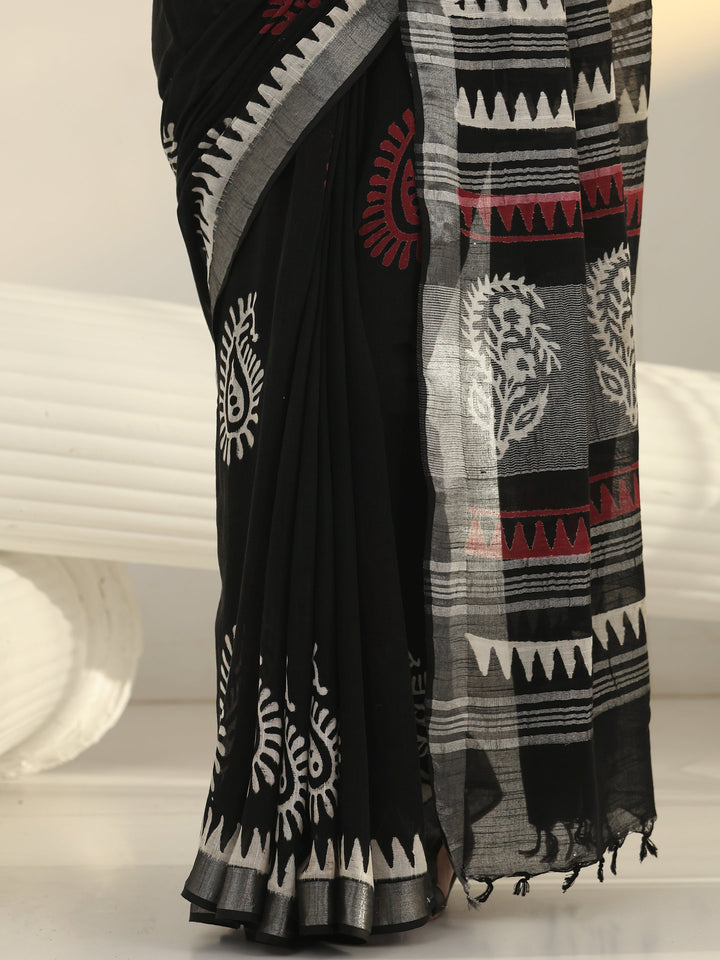 Black Block Print Cotton Saree