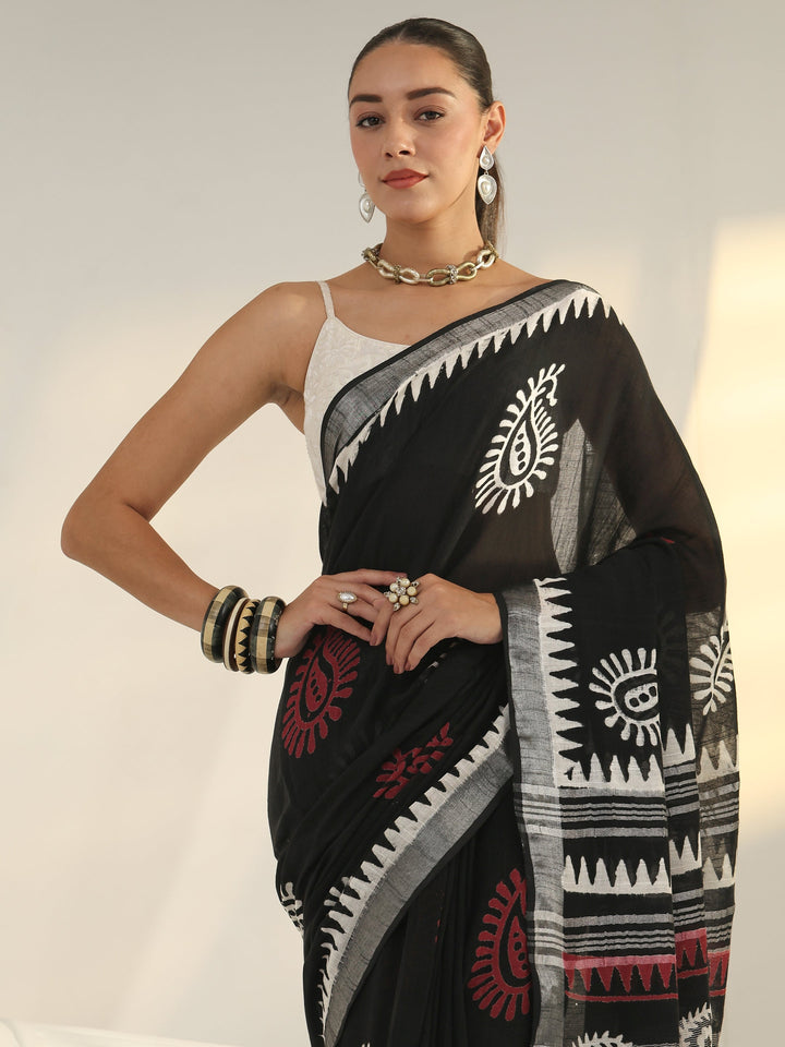 Black Block Print Cotton Saree