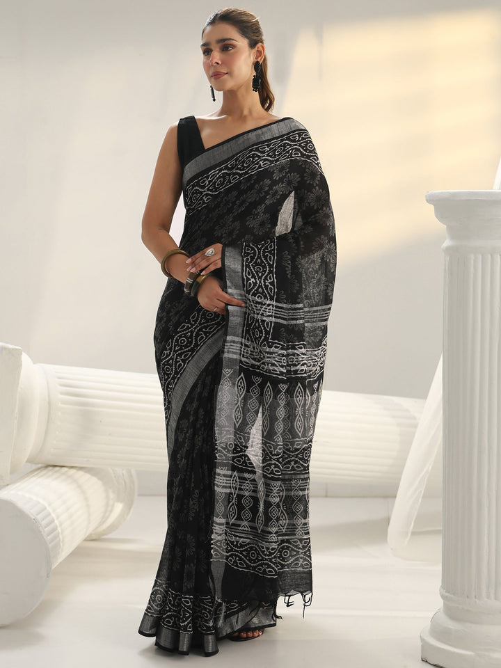 Black Bagru Print Cotton Saree