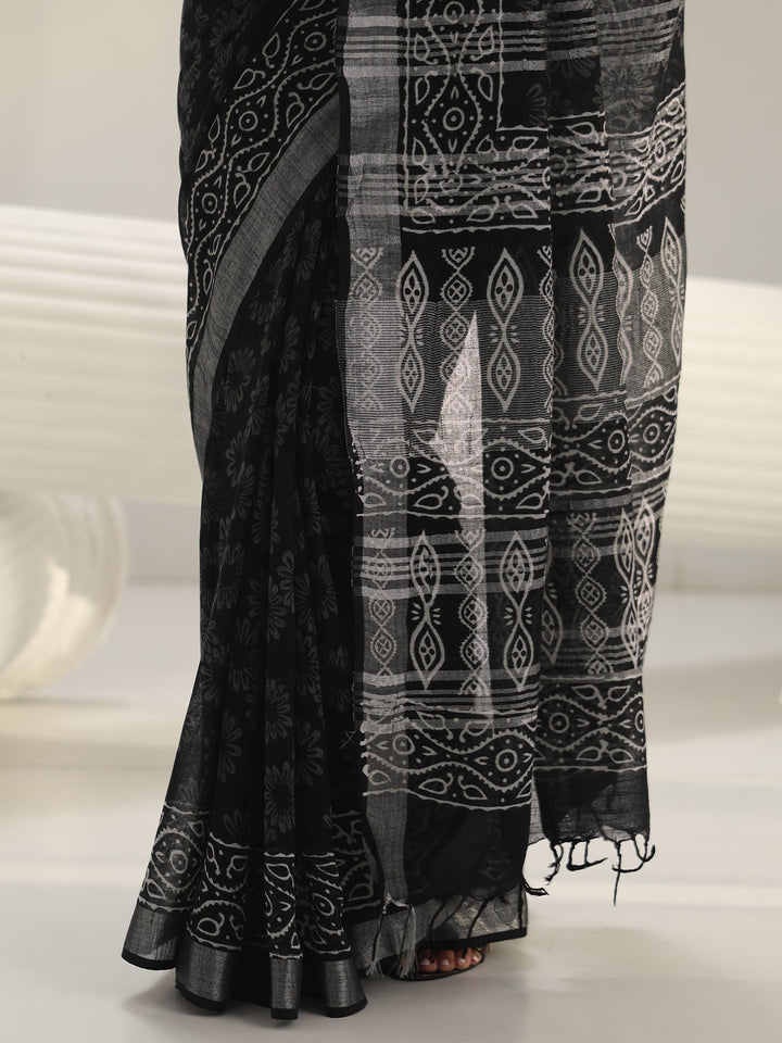 Black Bagru Print Cotton Saree