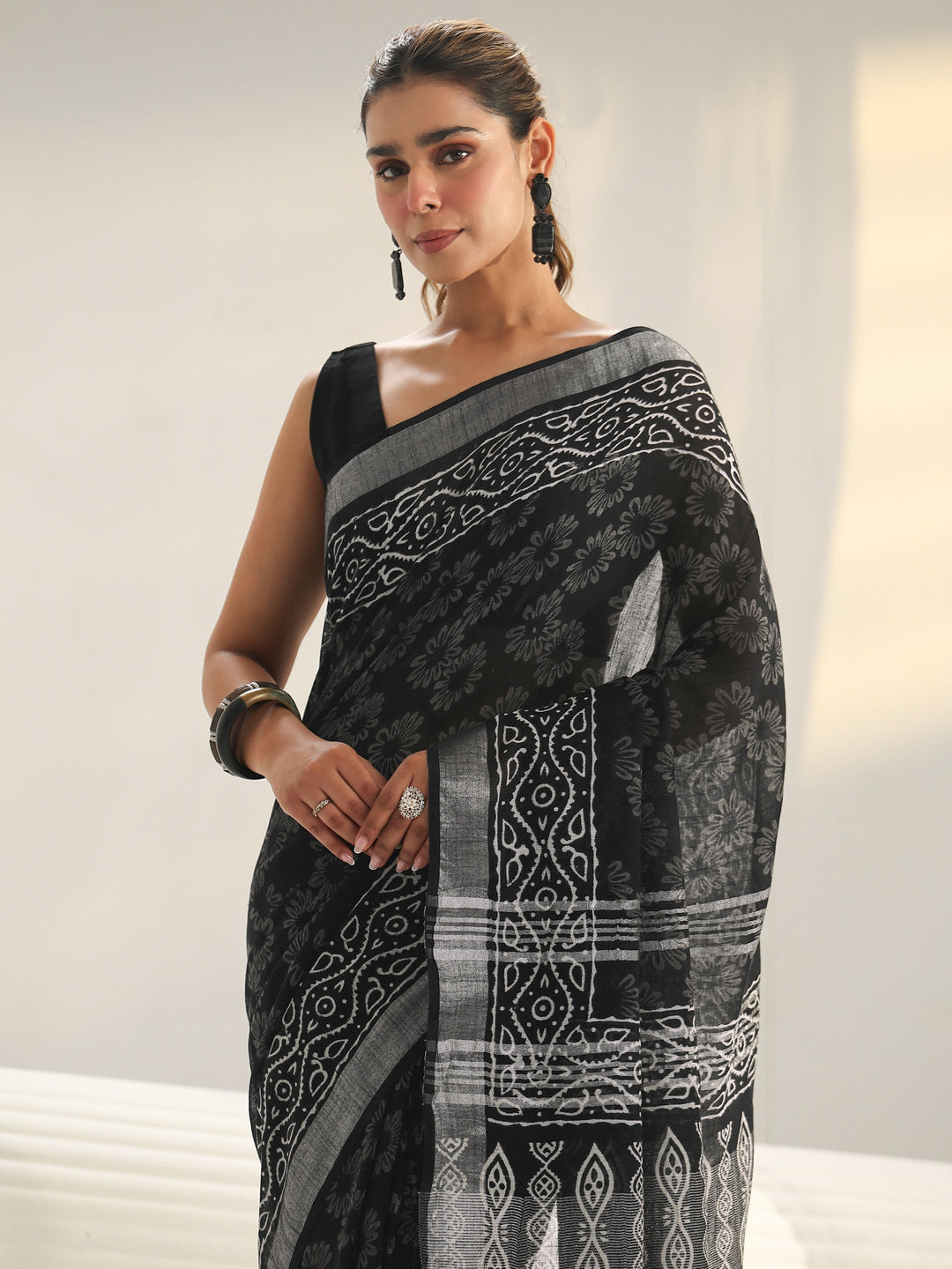 Black Bagru Print Cotton Saree