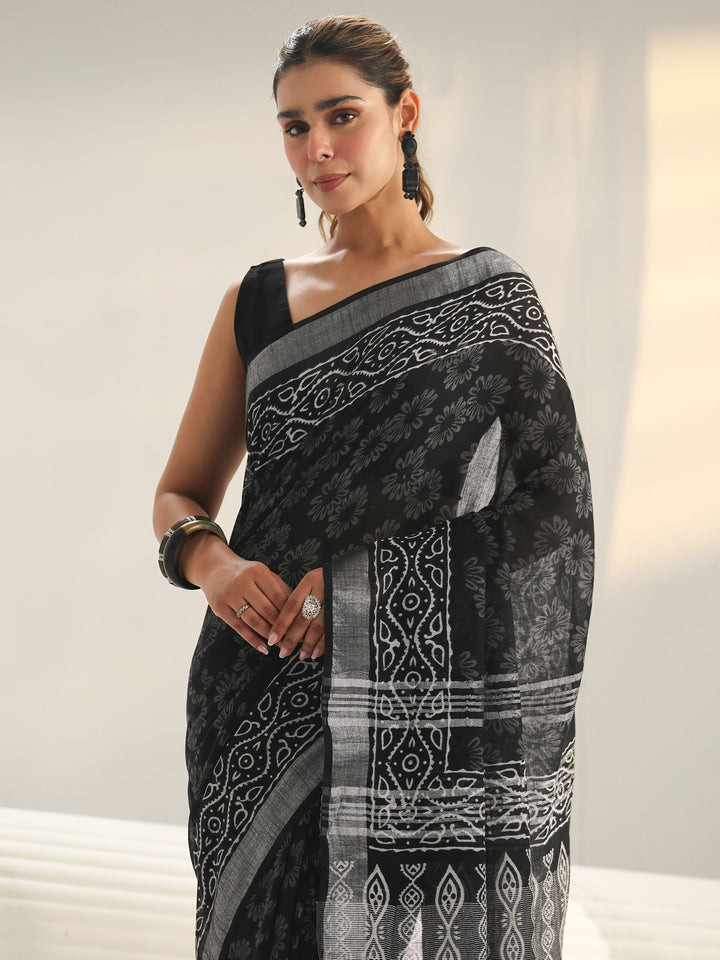 Black Bagru Print Cotton Saree