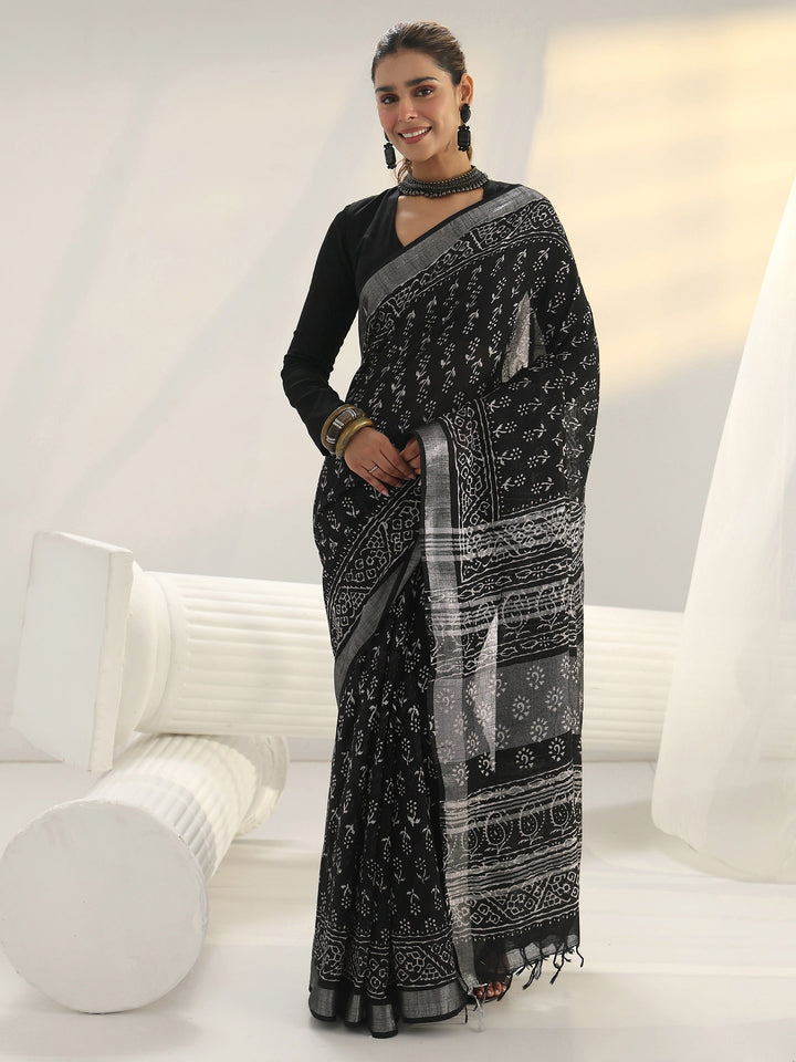 Libas Black Dabu Printed Cotton Saree