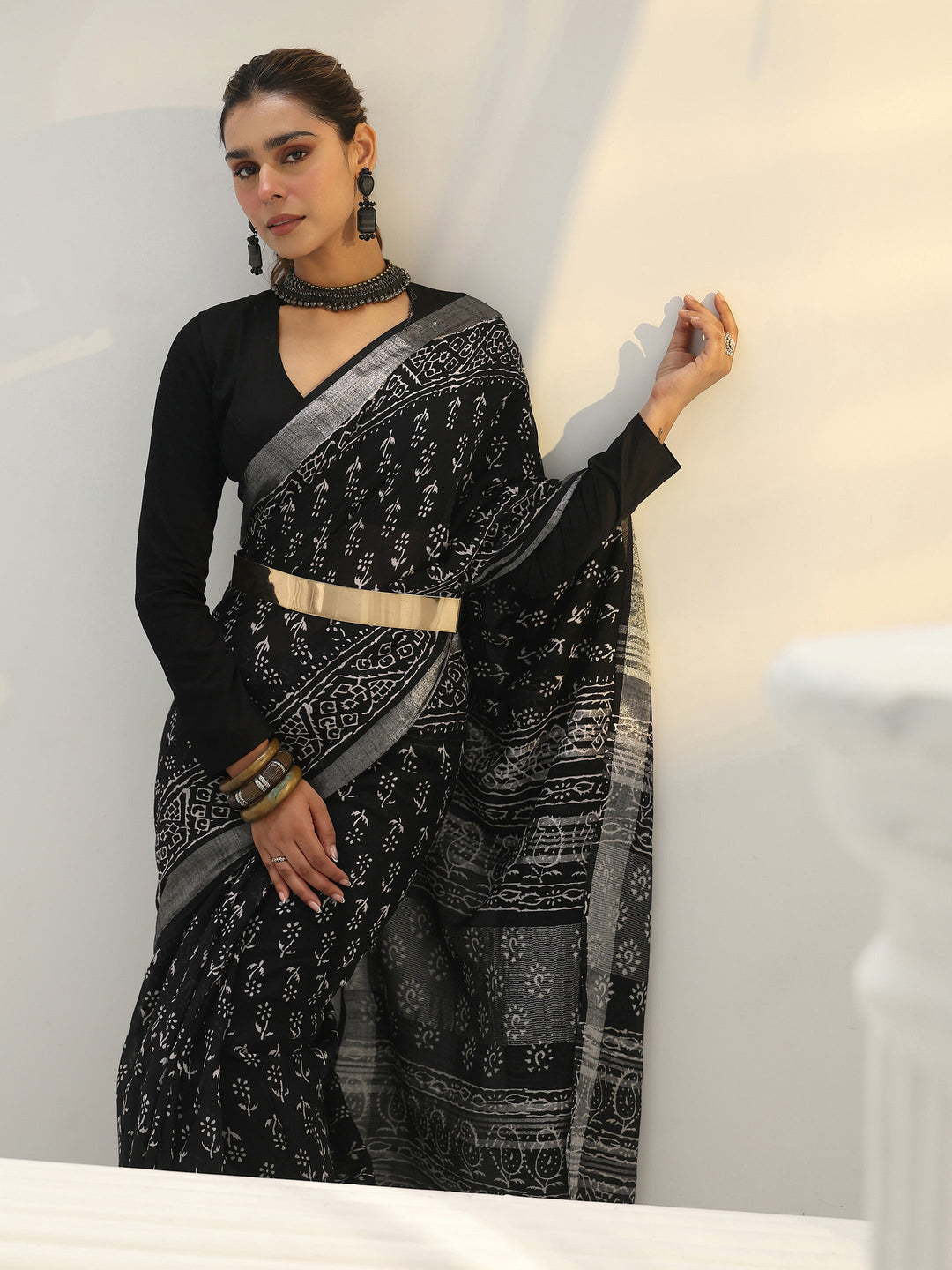 Libas Black Dabu Printed Cotton Saree