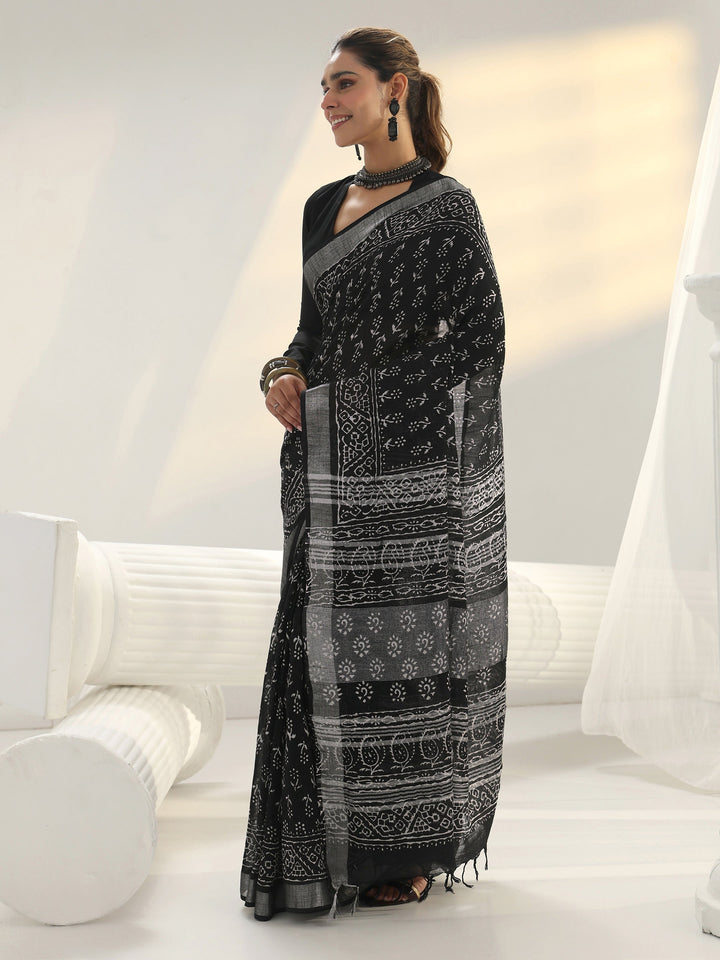 Libas Black Dabu Printed Cotton Saree