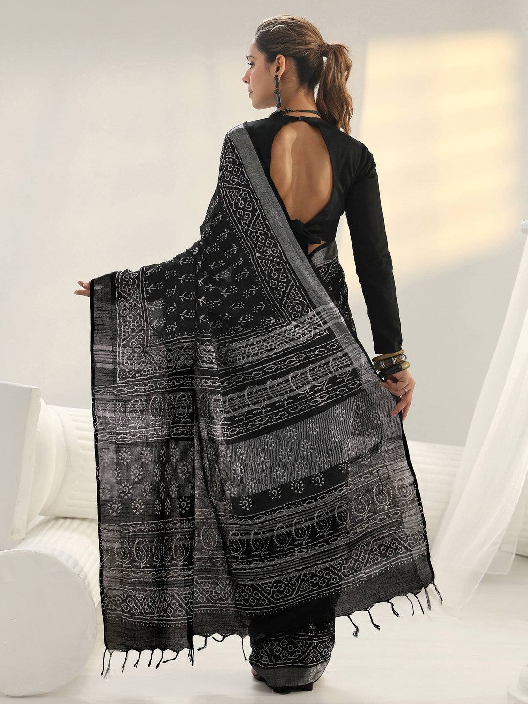 Libas Black Dabu Printed Cotton Saree