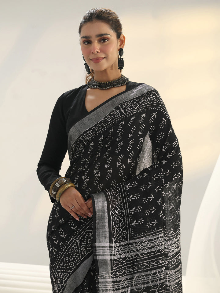 Libas Black Dabu Printed Cotton Saree