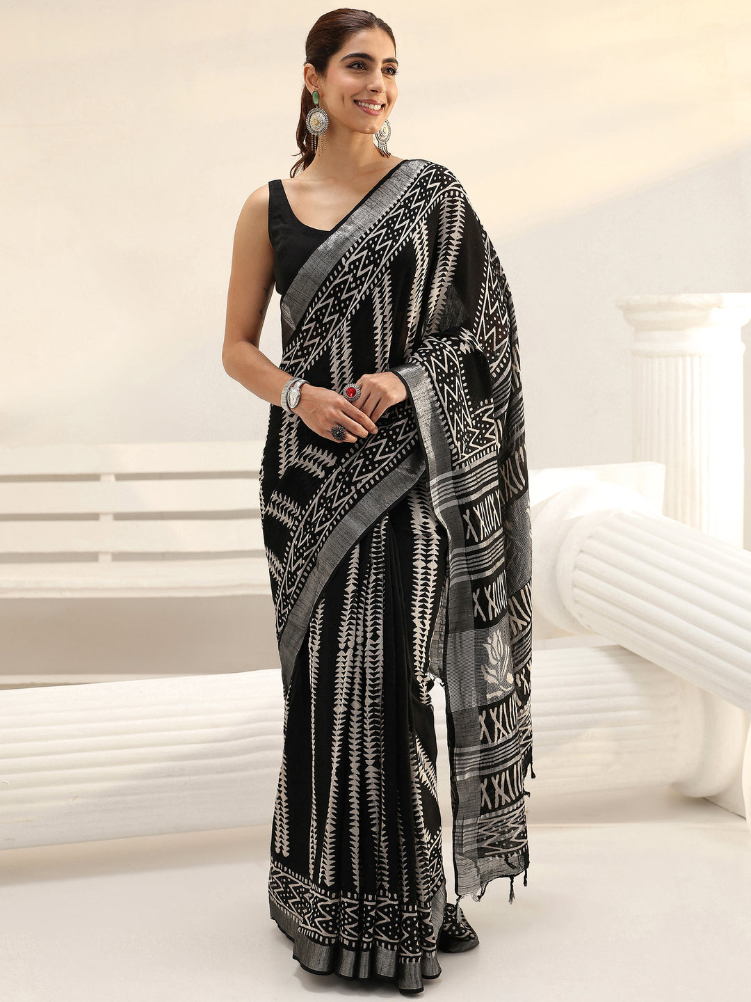 Black Striped Printed Cotton Saree
