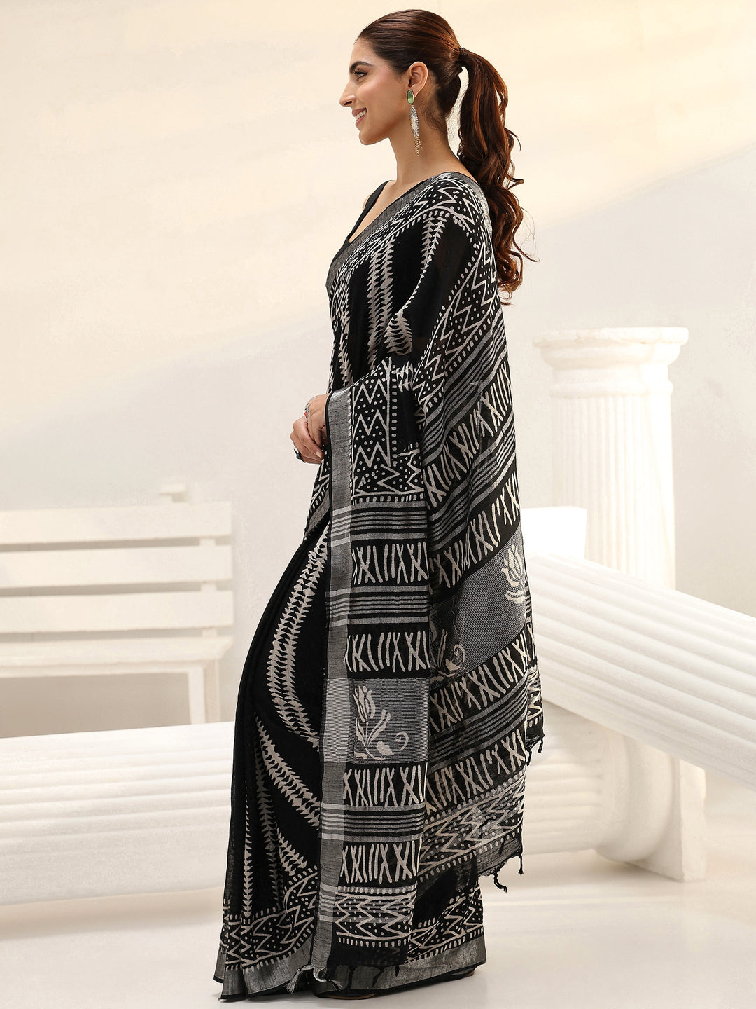 Black Striped Printed Cotton Saree