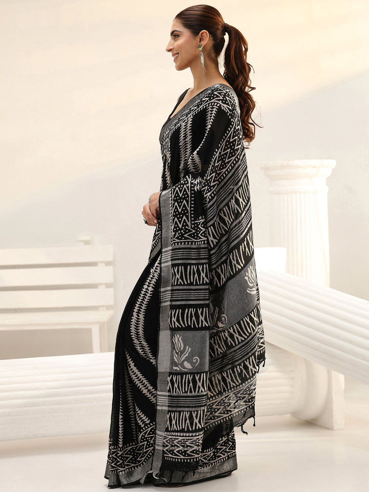 Black Striped Printed Cotton Saree