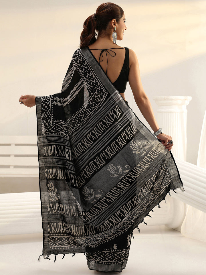 Black Striped Printed Cotton Saree