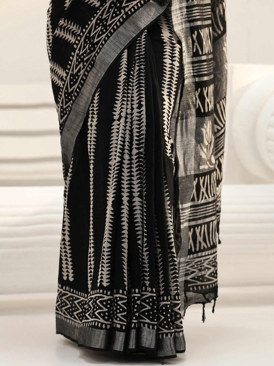 Black Striped Printed Cotton Saree