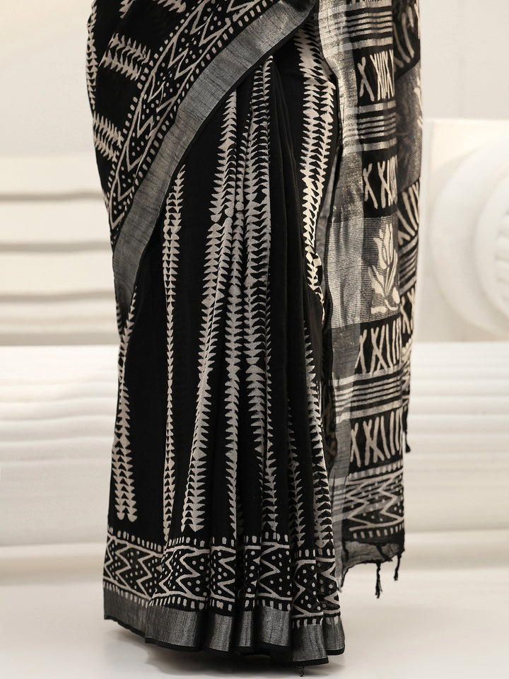 Black Striped Printed Cotton Saree
