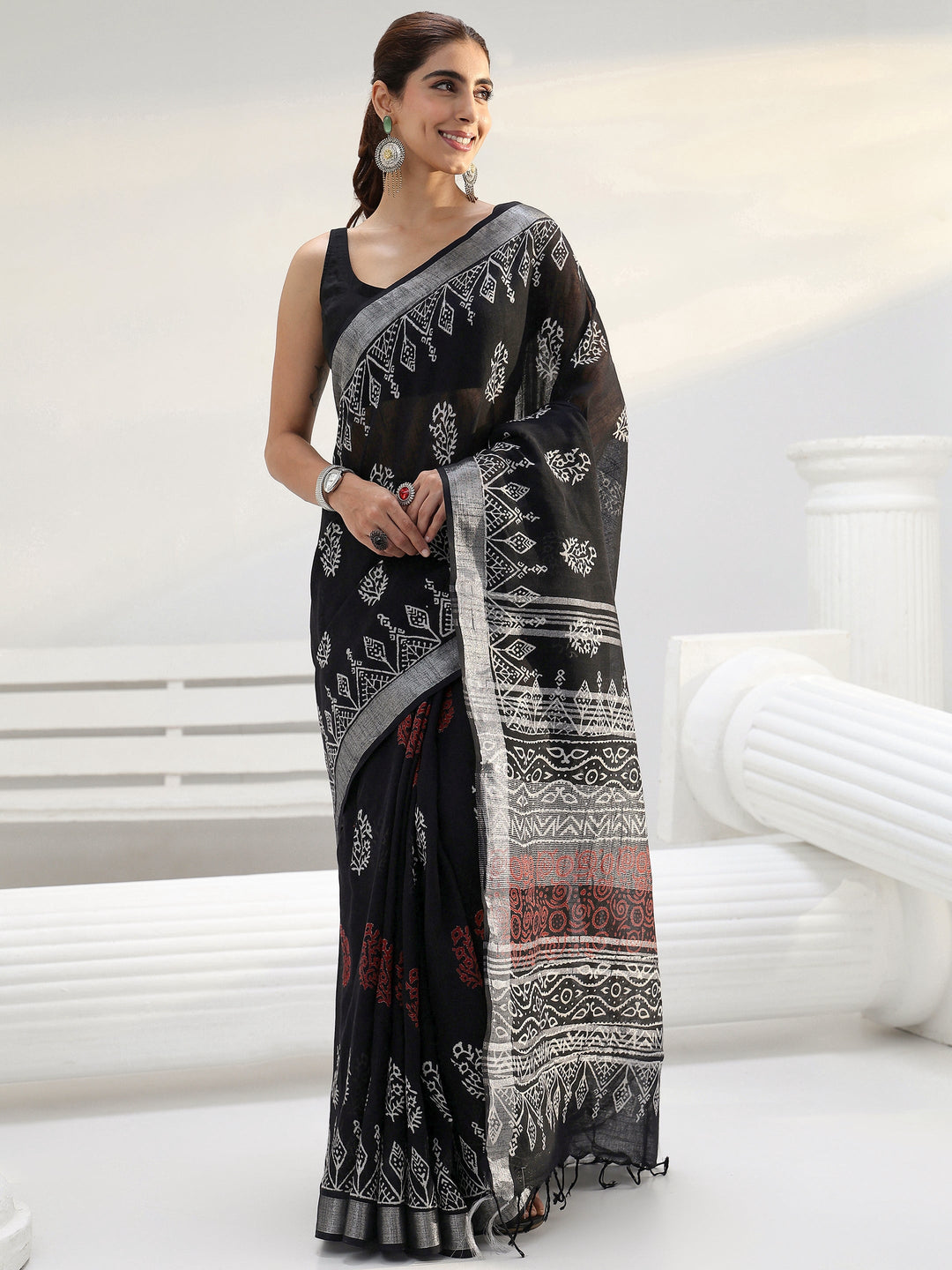 Black Floral Printed Cotton Saree