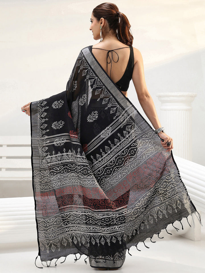Black Floral Printed Cotton Saree