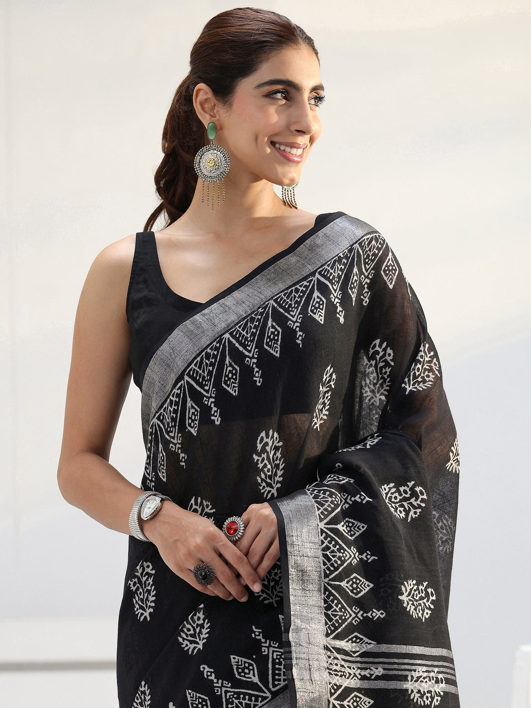 Black Floral Printed Cotton Saree