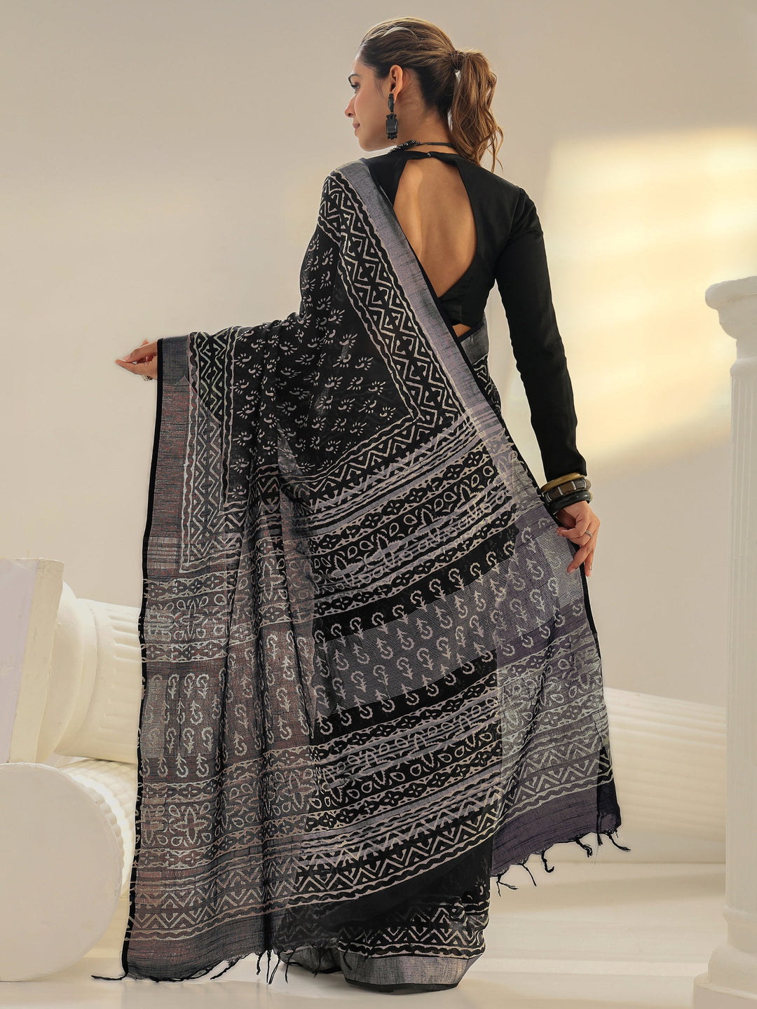 Black Dabu Print Cotton Saree