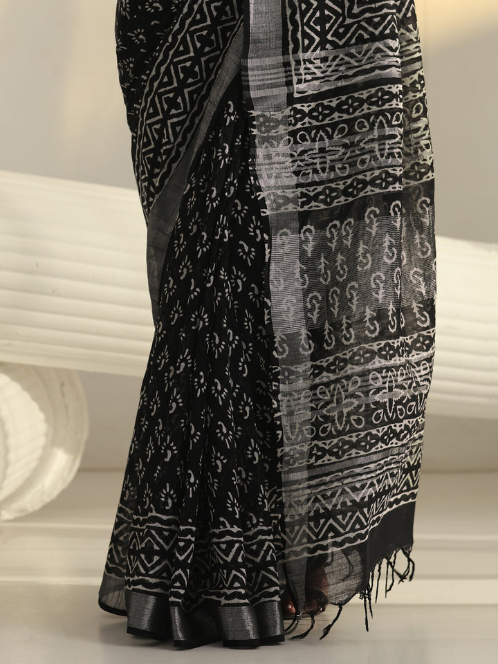 Black Dabu Print Cotton Saree