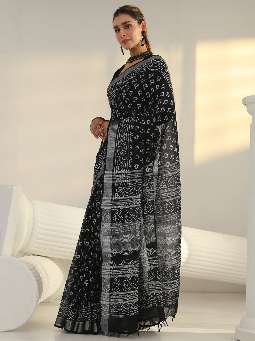 Black Dabu Print Cotton Saree