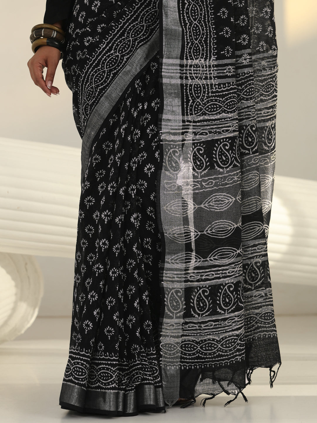 Black Dabu Print Cotton Saree