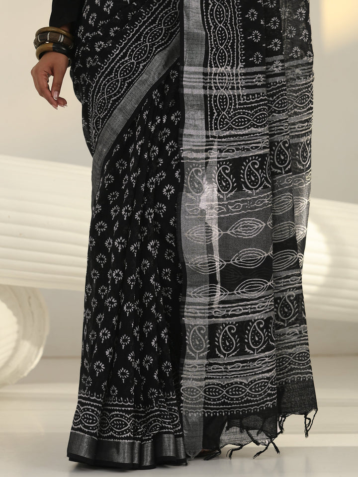 Black Dabu Print Cotton Saree