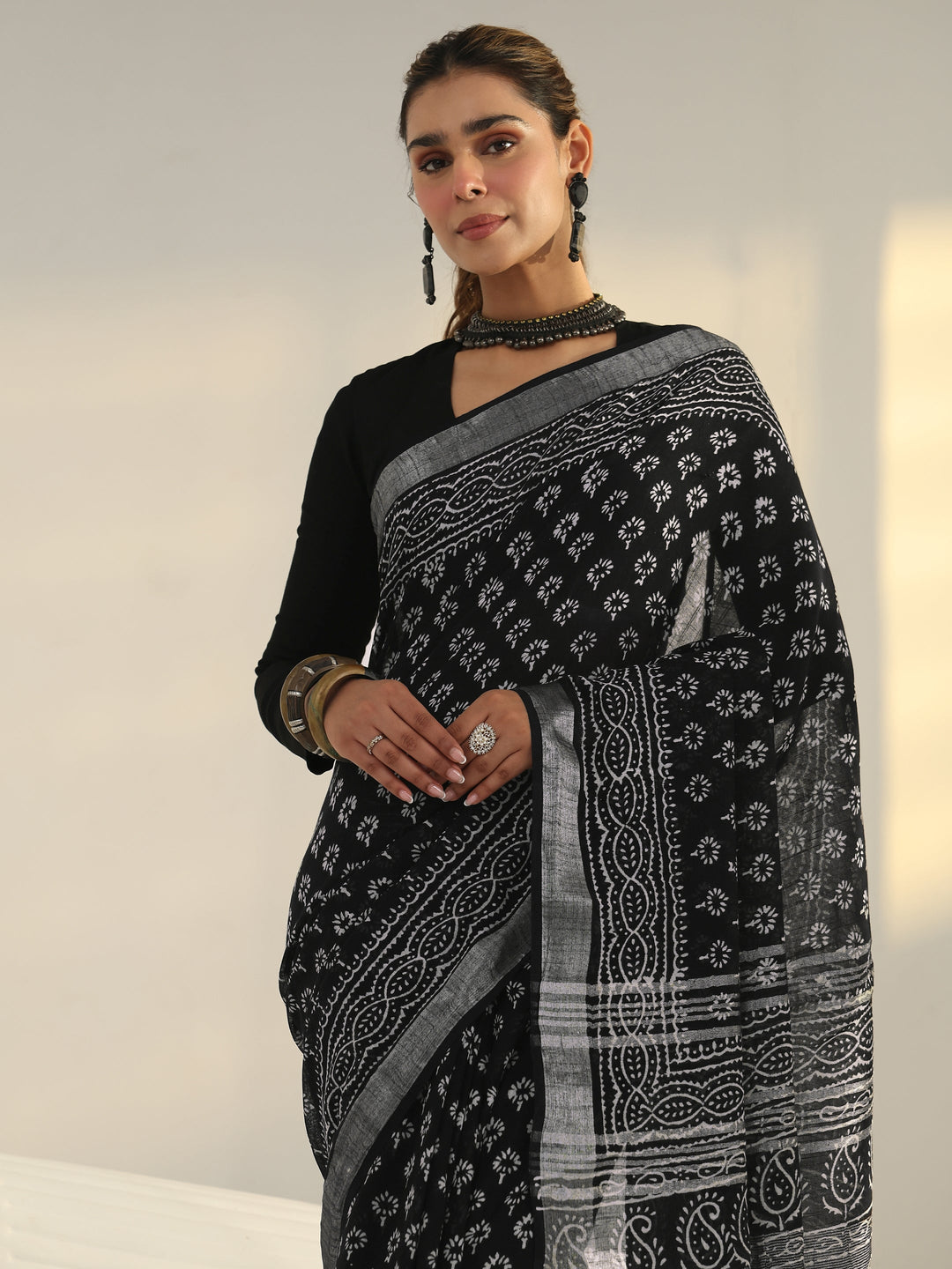 Black Dabu Print Cotton Saree