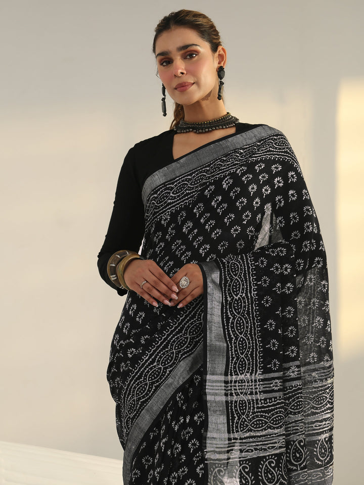 Black Dabu Print Cotton Saree