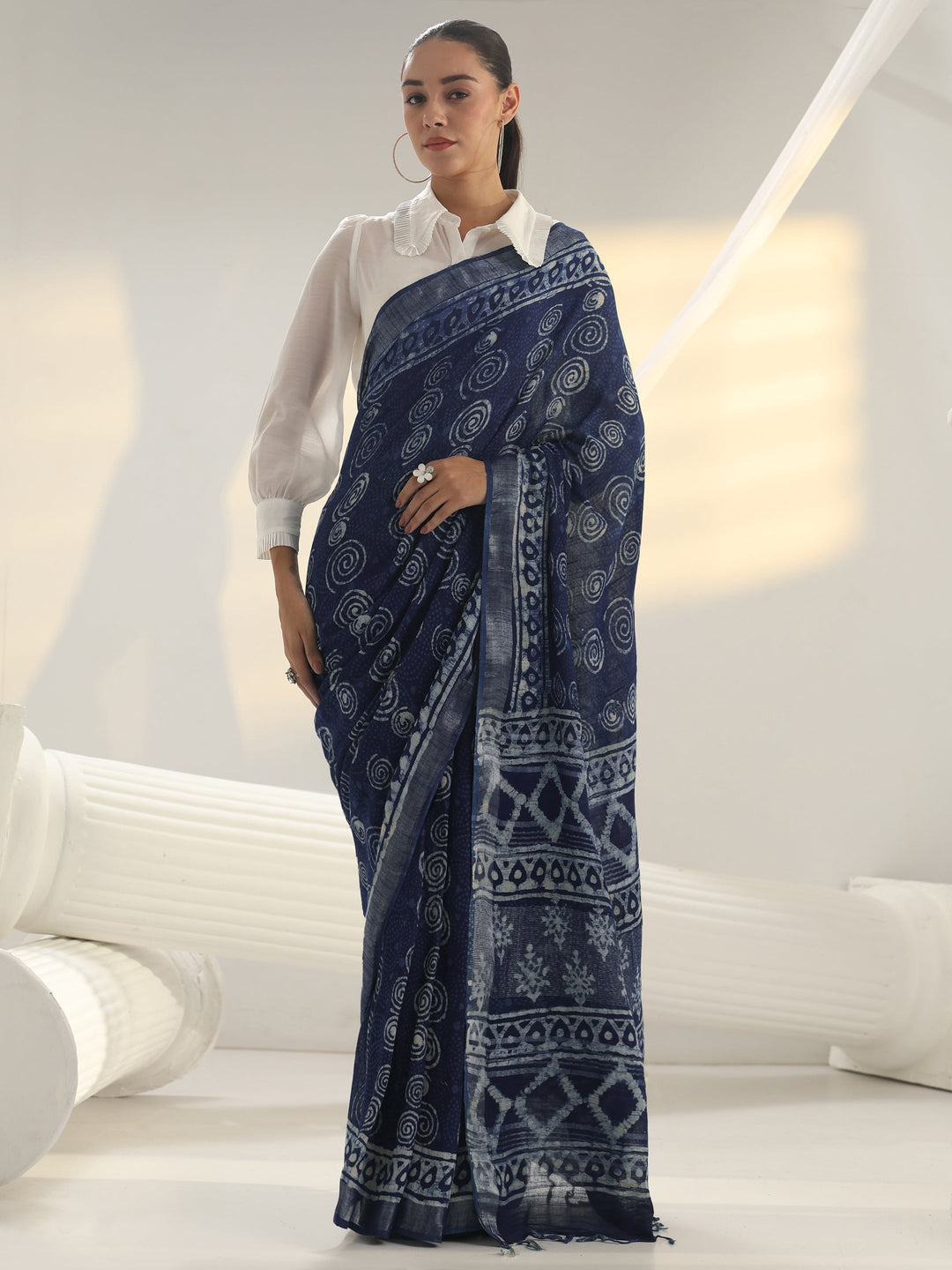 Indigo Dabu Print Cotton Saree