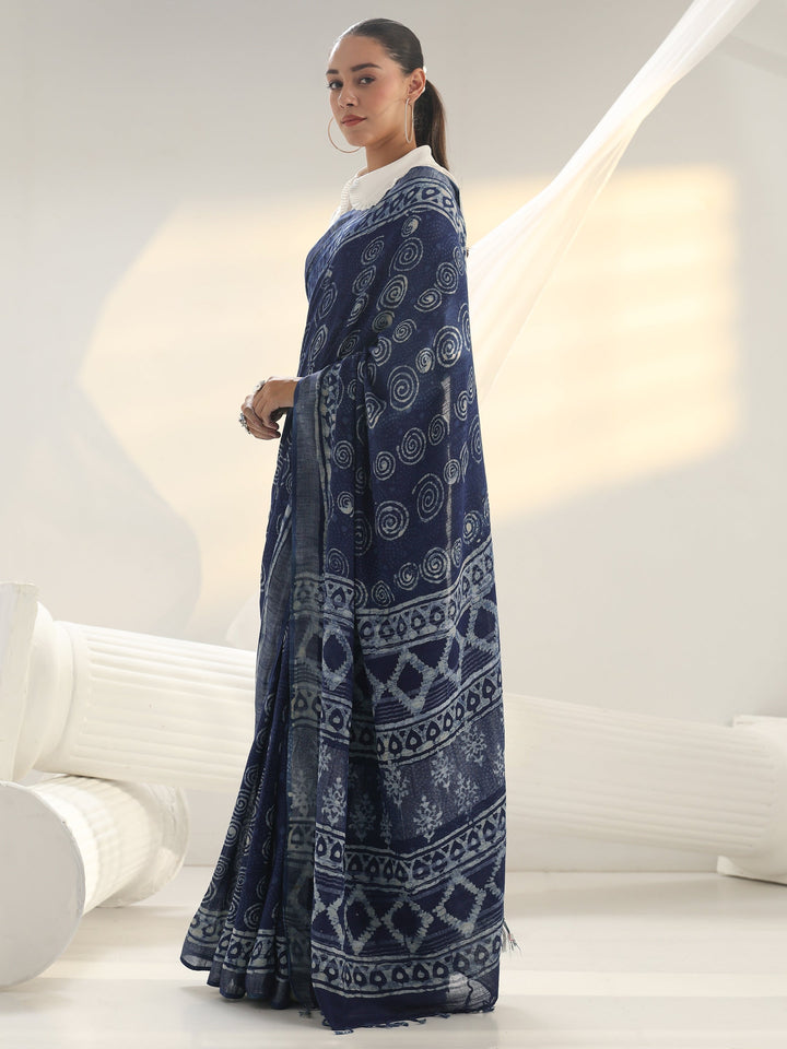 Indigo Dabu Print Cotton Saree