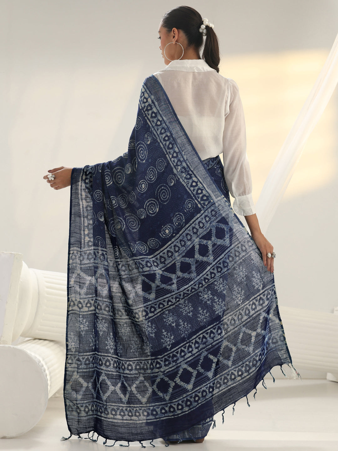 Indigo Dabu Print Cotton Saree