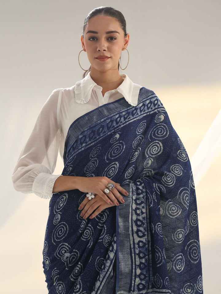 Indigo Dabu Print Cotton Saree
