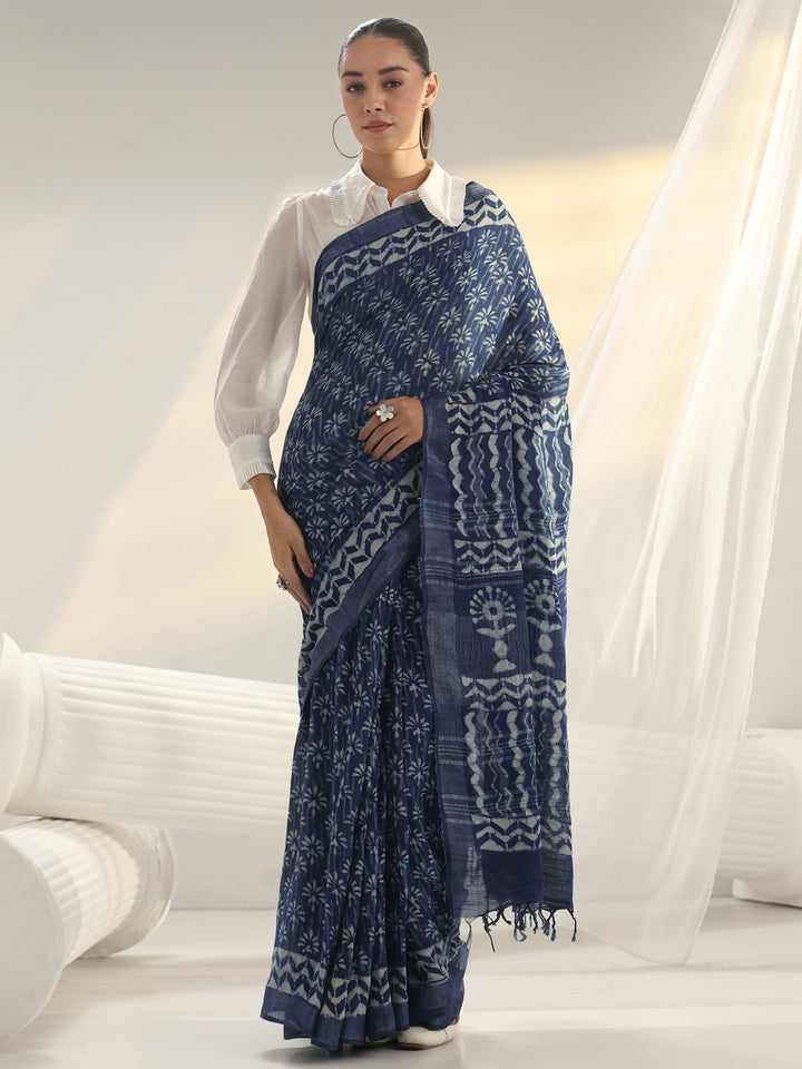 Indigo Dabu Print Cotton Saree