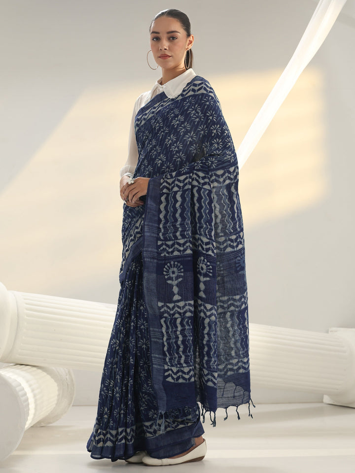 Indigo Dabu Print Cotton Saree