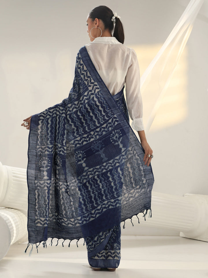 Indigo Dabu Print Cotton Saree
