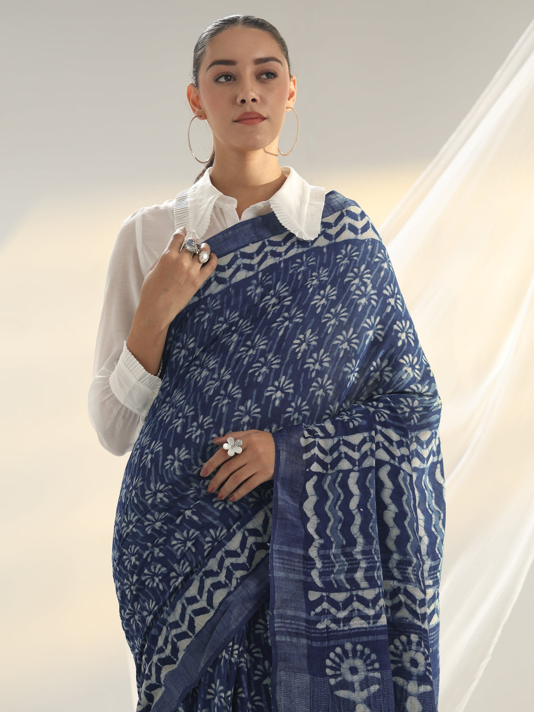 Indigo Dabu Print Cotton Saree