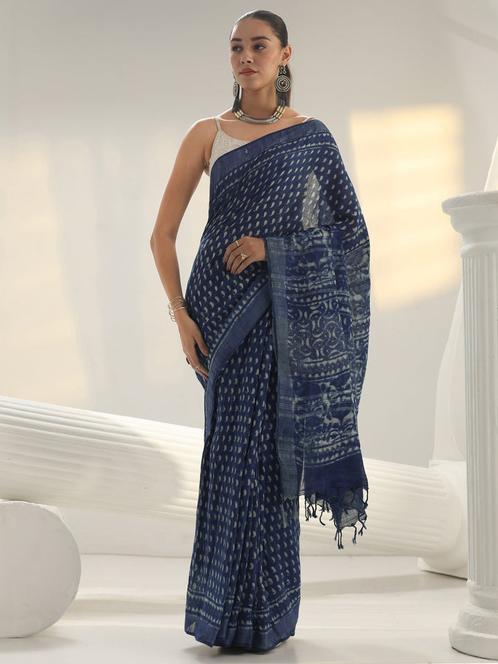 Indigo Dabu Print Cotton Saree
